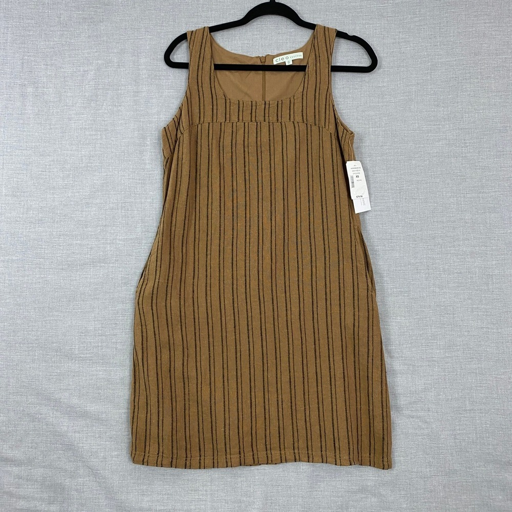 Cleo Petites Shift Dress Brown Striped Sleeveless Square Neck XS NEW with tags